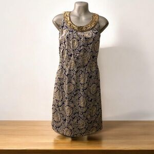 LOFT Blue Floral Mini Shift Dress with Metallic Sequins neckline